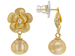 Golden Cultured South Sea Pearl And White Zircon 18k Yellow Gold Over Silver Flower Drop Earrings