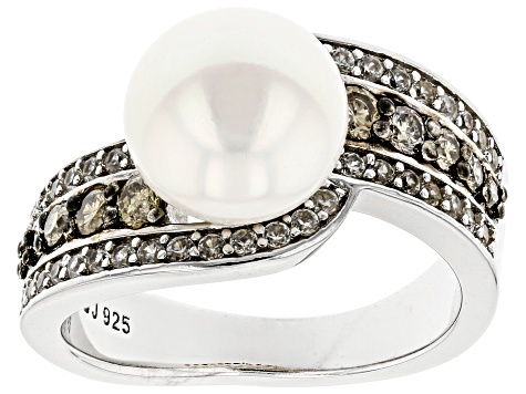 White Cultured Freshwater Pearl With Champagne Diamonds & Zircon Rhodium Over Silver Ring 0.75ctw