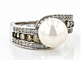 White Cultured Freshwater Pearl With Champagne Diamonds & Zircon Rhodium Over Silver Ring 0.75ctw