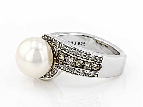 White Cultured Freshwater Pearl With Champagne Diamonds & Zircon Rhodium Over Silver Ring 0.75ctw