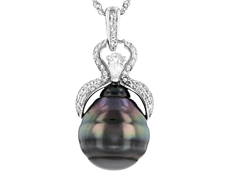 Cultured Tahitian Pearl 14mm With White Zircon Rhodium Over Sterling Silver Pendant With Chain