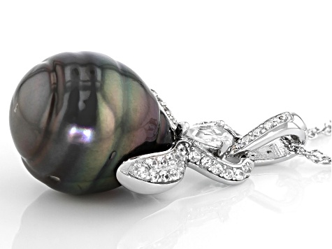 Cultured Tahitian Pearl 14mm With White Zircon Rhodium Over Sterling Silver Pendant With Chain