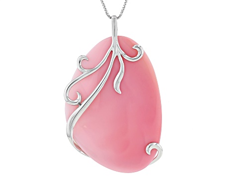 Pink Conch Shell Rhodium Over Sterling Silver Pendant With Chain