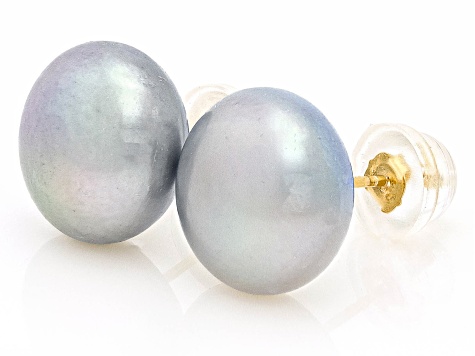 Silver Cultured Freshwater Pearl 14k Yellow Gold Stud Earrings