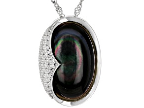 Tahitian Mother-Of-Pearl And White Zircon Rhodium Over Sterling Silver Pendant With Chain