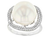 White Cultured Freshwater Pearl & Cubic Zirconia 1.03ctw Rhodium Over Sterling Silver Ring