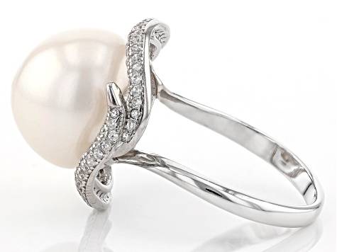 White Cultured Freshwater Pearl & Cubic Zirconia 1.03ctw Rhodium Over Sterling Silver Ring