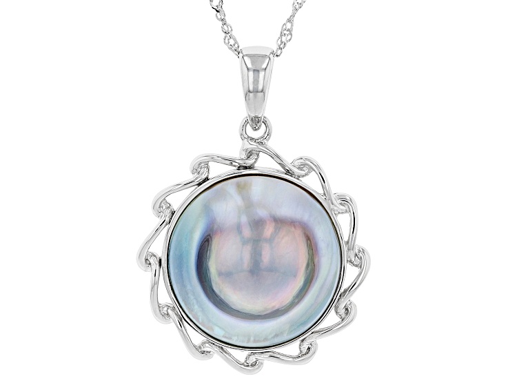 Silver Cultured South Sea Mabe Pearl Rhodium Over Sterling Silver Pendant With Chain
