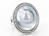 Silver Cultured South Sea Mabe Pearl Rhodium Over Sterling Silver Ring