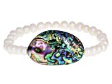 White Cultured Freshwater Pearl & Abalone Shell Stretch Bracelet