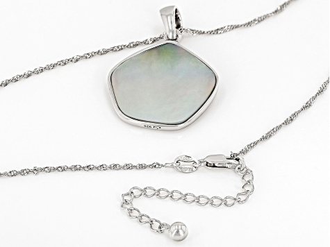 Tahitian South Sea Mother-of-Pearl & White Zircon Rhodium Over Sterling Silver Pendant With Chain