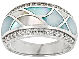 Multi-Color South Sea Mother-of-Pearl & White Zircon Rhodium Over Sterling Silver Ring