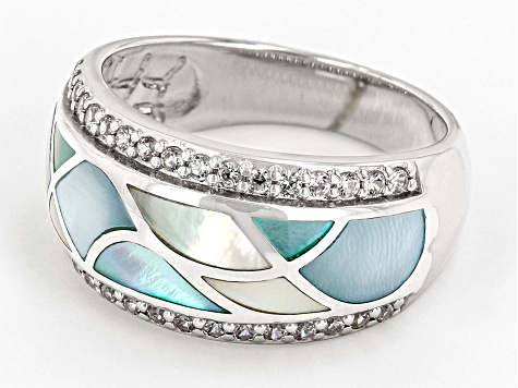 Multi-Color South Sea Mother-of-Pearl & White Zircon Rhodium Over Sterling Silver Ring