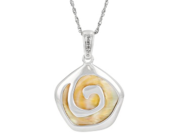 Picture of Golden South Sea Mother-of-Pearl & White Zircon Rhodium Over Sterling Silver Pendant with Chain