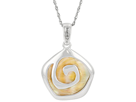 Golden South Sea Mother-of-Pearl & White Zircon Rhodium Over Sterling Silver Pendant with Chain