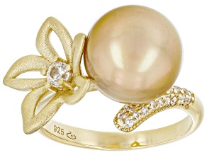 Golden Cultured South Sea Pearl & White Zircon 18k Yellow Gold Over Sterling Silver Ring