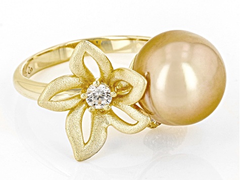Golden Cultured South Sea Pearl & White Zircon 18k Yellow Gold Over Sterling Silver Ring