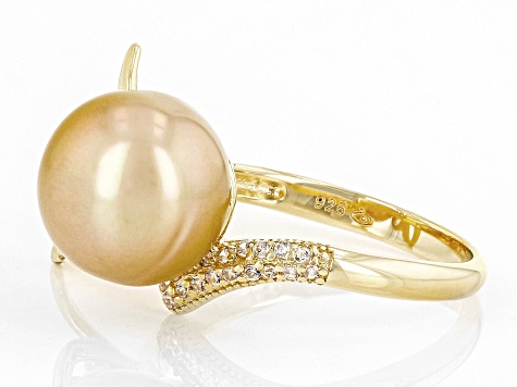 Golden Cultured South Sea Pearl & White Zircon 18k Yellow Gold Over Sterling Silver Ring