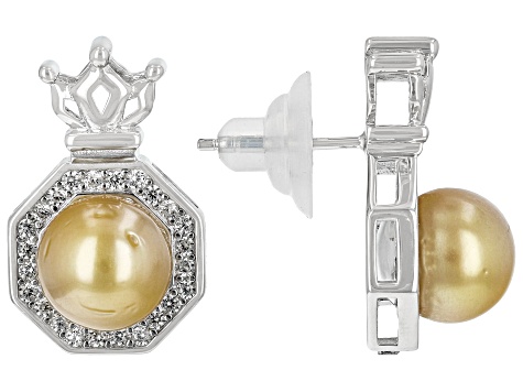 Golden Cultured South Sea Pearl & White Zircon Rhodium Over Sterling Silver Earrings