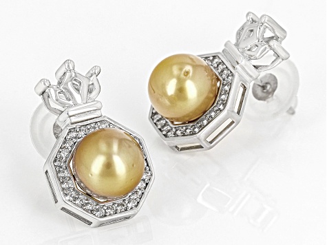 Golden Cultured South Sea Pearl & White Zircon Rhodium Over Sterling Silver Earrings