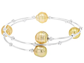 Multi-Color Golden South Sea Cultured Pearls Rhodium Over Sterling Silver Wrap Bangle