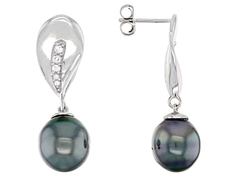 Cultured Tahitian Pearl & White Topaz Rhodium Over Sterling Silver ...