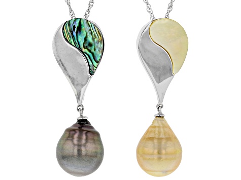 Cultured South Sea & Tahitian Pearl, Mother-of-Pearl & Abalone Shell Rhodium Over Silver Pendant Set