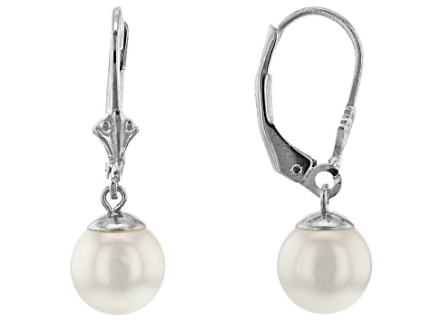 White Cultured Japanese Akoya Pearl Rhodium Over Sterling Silver Earrings