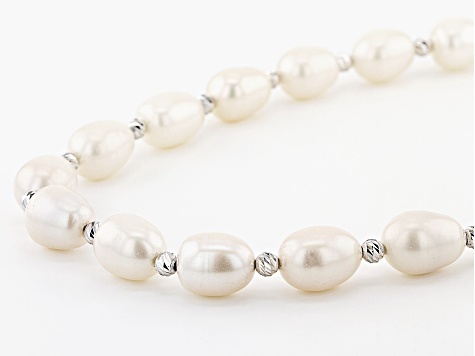 White Cultured Freshwater Pearl Rhodium Over Sterling Silver 18 Inch Necklace