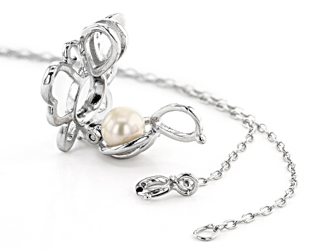 Wish® Pearl Cultured Freshwater Pearl 5-6mm Rhodium Over Silver Butterfly Cage Pendant With Chain
