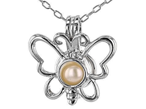 Wish® Pearl Cultured Freshwater Pearl 5-6mm Rhodium Over Silver Butterfly Cage Pendant With Chain