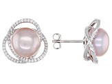 Pink Cultured Freshwater Pearl & Cubic Zirconia Rhodium Over Sterling Silver Earrings