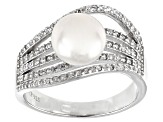White Cultured Freshwater Pearl & Cubic Zirconia Rhodium Over Sterling Silver Ring