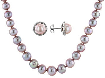 Picture of Cultured Kasumiga Pearl & Cubic Zirconia Rhodium Over Silver Necklace & Earring Set 0.25ctw