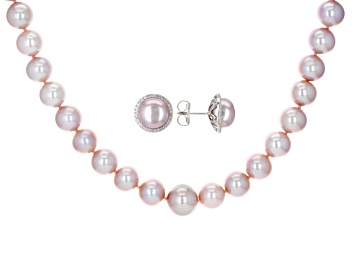 Picture of Pink Cultured Kasumiga Pearl & Cubic Zirconia Rhodium Over Silver Necklace & Earring Set 0.25ctw