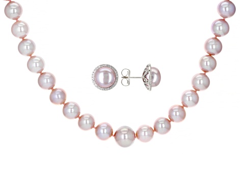 Pink Cultured Kasumiga Pearl & Cubic Zirconia Rhodium Over Silver Necklace & Earring Set 0.25ctw