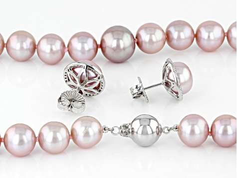 Pink Cultured Kasumiga Pearl & Cubic Zirconia Rhodium Over Silver Necklace & Earring Set 0.25ctw