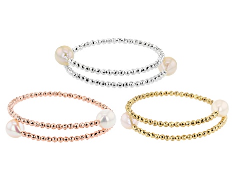 White Cultured Freshwater Pearl & White, Yellow, & Rose Hematine Wrap Bracelet Set of 3