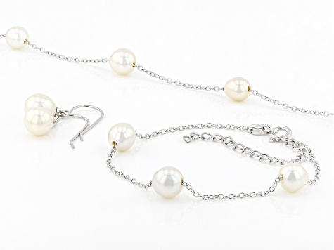 White Cultured Freshwater Pearl Rhodium Over Silver Necklace, Bracelet, & Earring Set