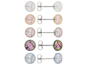 Multi-Color Cultured Freshwater Pearl Rhodium Over Sterling Silver Stud Earring Set of 5