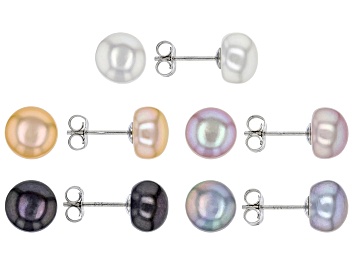 Picture of Multi-Color Cultured Freshwater Pearl Rhodium Over Sterling Silver Stud Earrings Set of 5