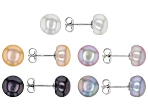 Multi-Color Cultured Freshwater Pearl Rhodium Over Sterling Silver Stud Earrings Set of 5