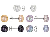 Multi-Color Cultured Freshwater Pearl Rhodium Over Sterling Silver Stud Earrings Set of 5