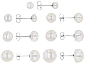 White Cultured Freshwater Pearl Rhodium Over Sterling Silver Graduated Stud Earring Set of 7