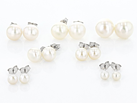 White Cultured Freshwater Pearl Rhodium Over Sterling Silver Graduated Stud Earring Set of 7