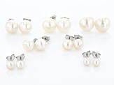 White Cultured Freshwater Pearl Rhodium Over Sterling Silver Graduated Stud Earring Set of 7