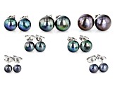 Black Cultured Freshwater Pearl Rhodium Over Sterling Silver Graduated Stud Earring Set of 7