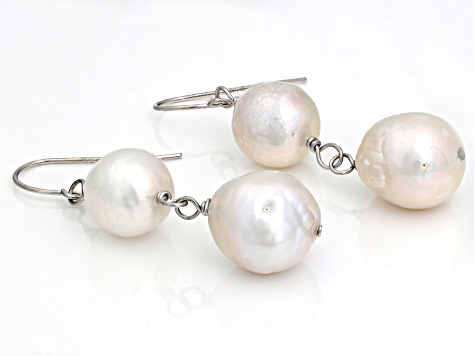 10-12mm White Cultured Freshwater Pearl Rhodium Over Sterling Silver Drop Earrings