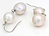 10-12mm White Cultured Freshwater Pearl Rhodium Over Sterling Silver Drop Earrings