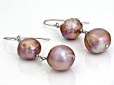 10-12mm Pink Cultured Freshwater Pearl Rhodium Over Sterling Silver Drop Earrings